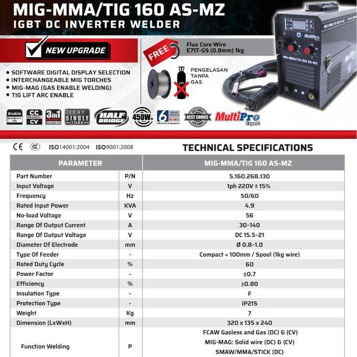 Mesin Las Multipro Mig Mma Tig 160 A Las Co Tanpa Gas Migi Co2 Igbt