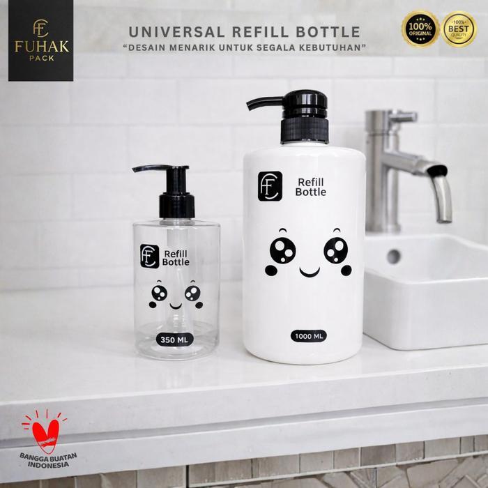 FUHAK PACK - Botol Refill 1000ml & 350ml Botol Sabun, Shampoo, Lotion Tutup Pump & Fliptop Lucu