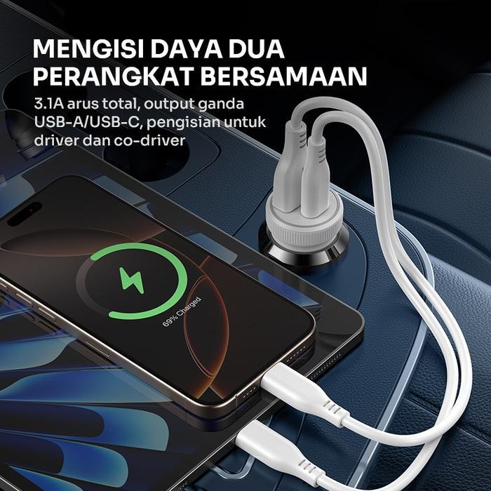 ROBOT CAR CHARGER 3.1A COLOKAN CHARGER MOBIL DUAL PORT OUTPUT GANDA WITH TYPE C CHARGER CABLE