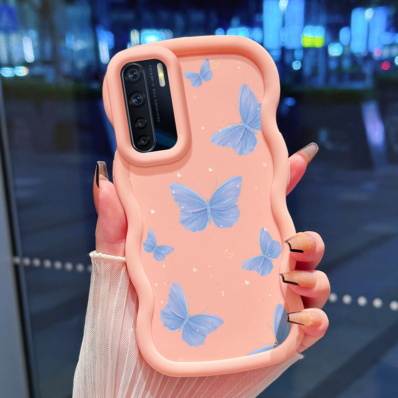 Casing Hp Untuk OPPO A91 F15 Reno 3 Case Kupu-kupu biru Cesing Polos Kasing Macaron gelombang Kesing