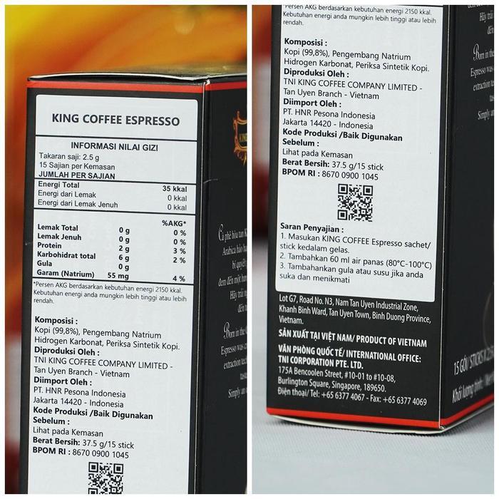 Kopi Hitam Instan Import Vietnam Tanpa Ampas Espresso Trung Nguyen King Coffee Isi 15 Stik - Sugar