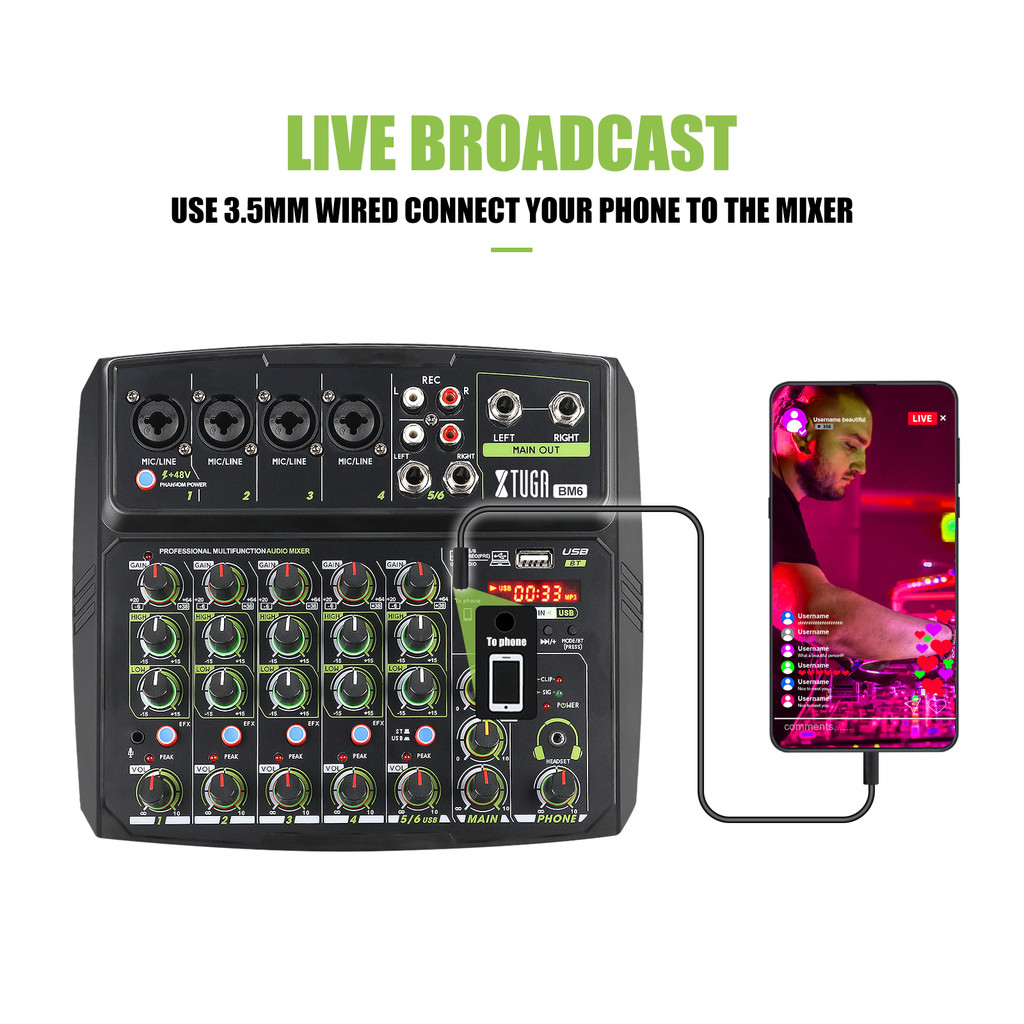 " Xtuga Professional 6-Channel Audio Mixer With 48V Phantom Power "
