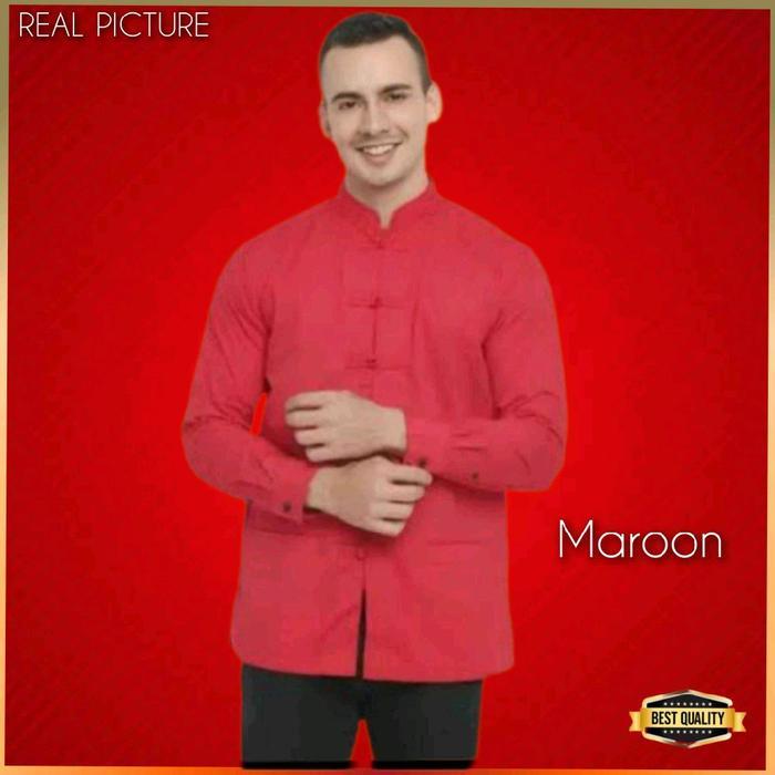 Kemeja Cheongsam Pria Baju Tradisional Cina Imlek Lengan Panjang Maroon