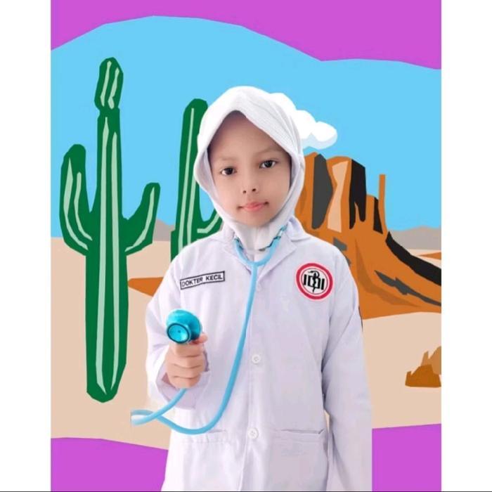 Jas Dokter warna putih anak perempuan lengkap Emblem dan Stetoskop - Baju profesi Dokter anak warna