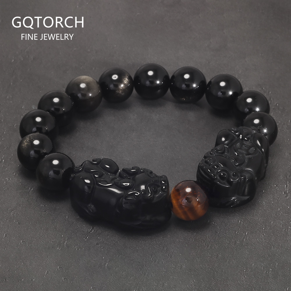 Natural Obsidian Stone Beads Pixiu Bracelet for Men Black/Gold Obsidian Vintage Chinese Fengshui