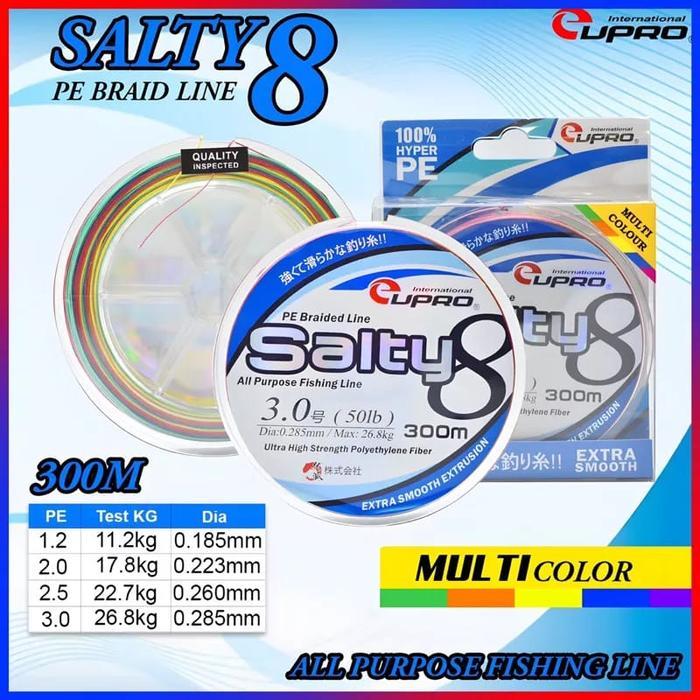 senar pe 300m eupro salty 8 pe braid line Multycolour terbaru original