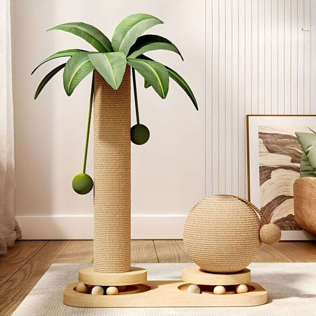 Coconut Tree Cat Scratching Post & Play Tower, 2-in-1 Sisal & Solid Wood Cat Activity Tree with