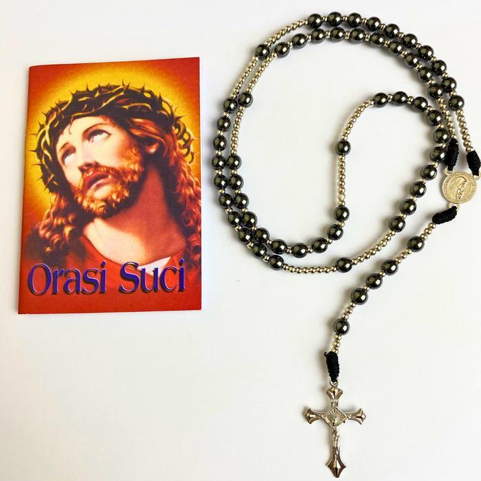 Bundle: kalung rosario Paket Kalung Rosario Akrilik Motif Marmer dan Buku Orasi Suci 2in1 serta buku