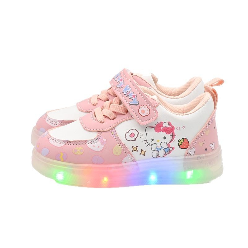2026 LED Kids Shoes for Girls Cute Cartoon Hello Kitty Shoes Baby Girl Kawaii Canvas Shoes Soft