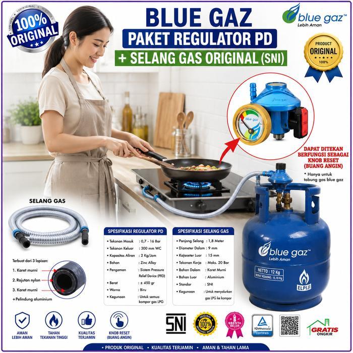 ` PAKET HEMAT Regulator PD+Selang BLUE GAZ ORIGINAL (SNI) I Regulator Ada Meteran dan Selang Gas 1.8