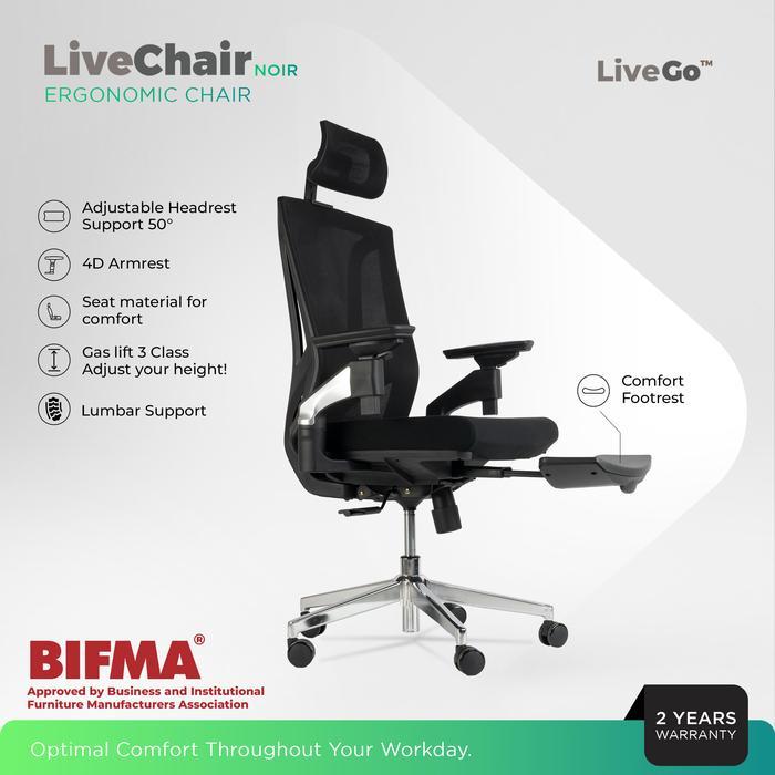 LiveChair Noir Kursi Kantor Ergonomic Work Office Chair Mesh Footrest