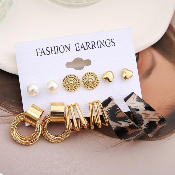 Anting Set 6 Set / 8 Set Model Resin Loreng Hitam Mutiara Kristal Hati Aksesoris Wanita Korea
