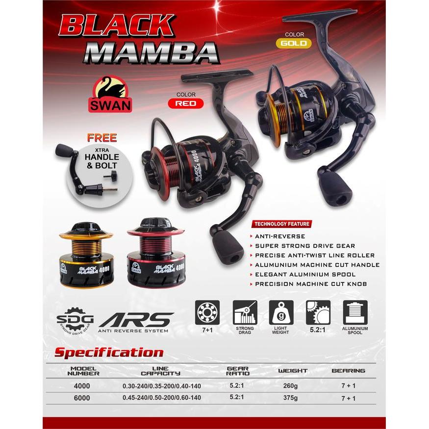 Ready Reel Pancing Swan Black Mamba Series, RATIO : 5.2 : 1, 7 + 1 BALLBEARINGS, FREE HANDLE