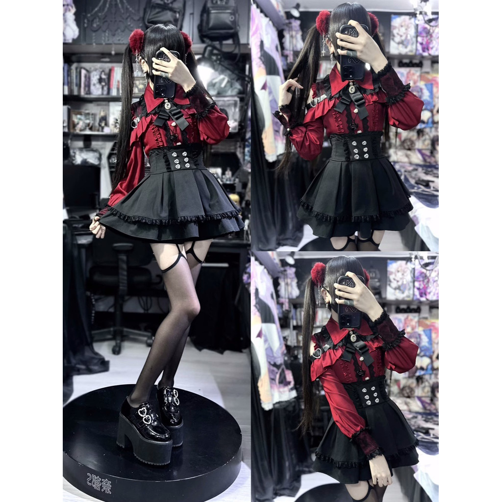 Yami Kawaii Two-Piece Set - Lace Blouse & Mini Skirt Coord, Sexy Gothic Lolita Crop Top with