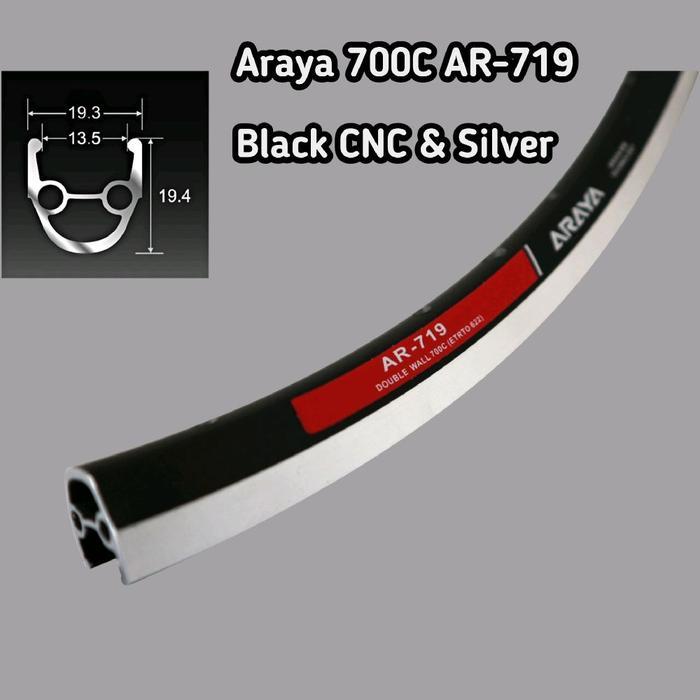 Rims Velg 700c ARAYA AR-719 32 dan 36 Hole Black CNC Dan Silver AR719 Sepasang