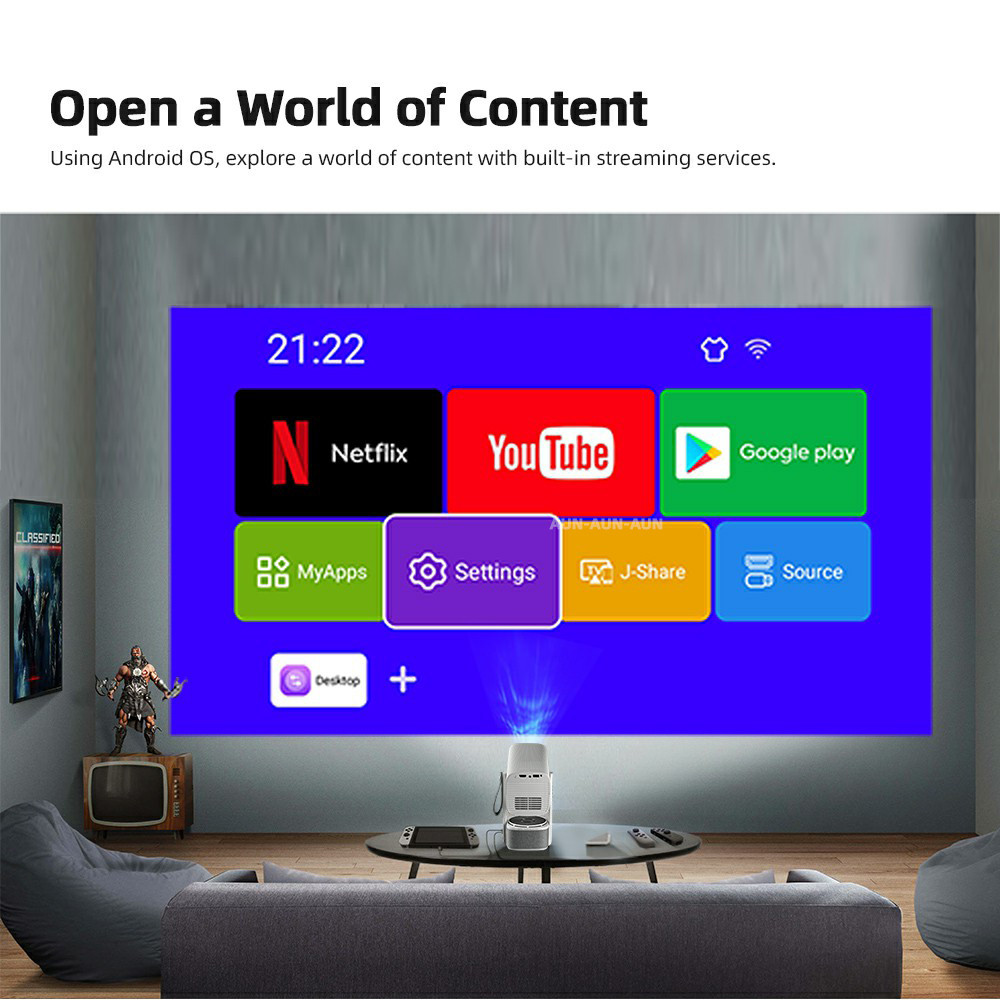 2 in 1 Portable Projector Android 14 2+32Gb 4K 1080P 20W Bluetooth Speaker LED Ambient Light Game