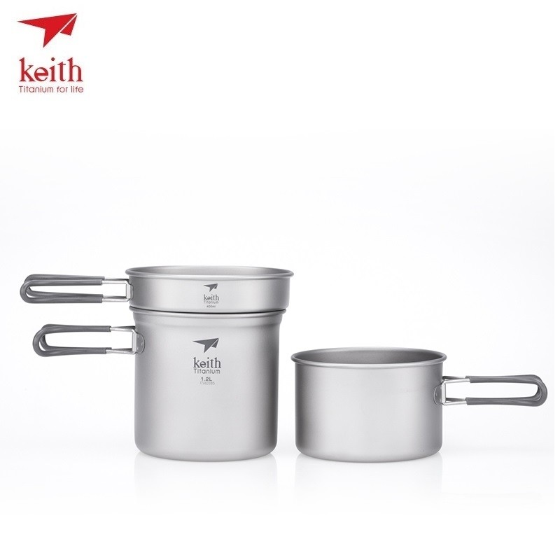 . Keith Camping Cooking Set 3-Piece Titanium Pot Frying Pan Portable -