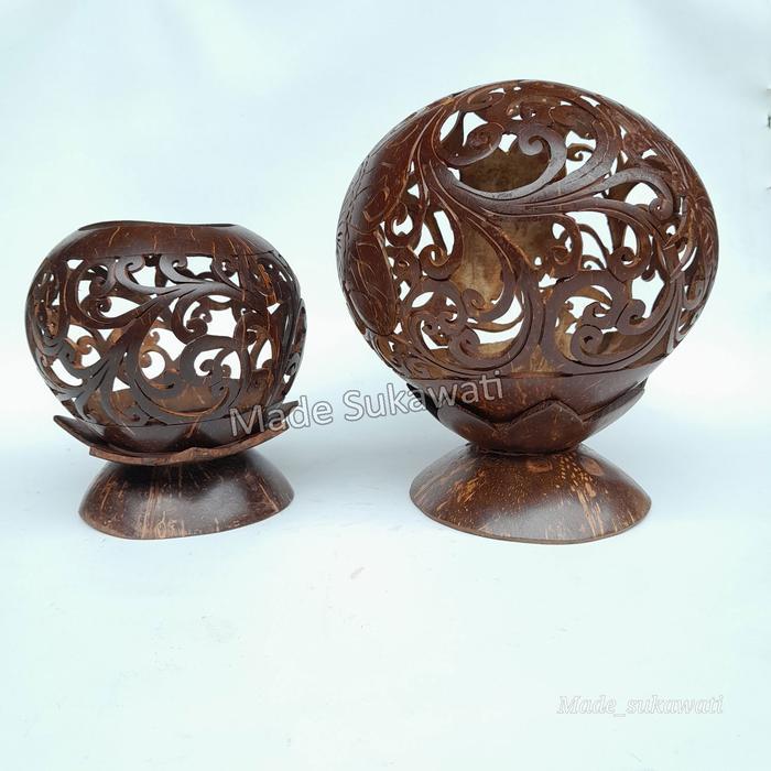 Kerajinan Hiasan Batok kelapa ukir wadah tempat lampu lilin handmade dekorasi bali