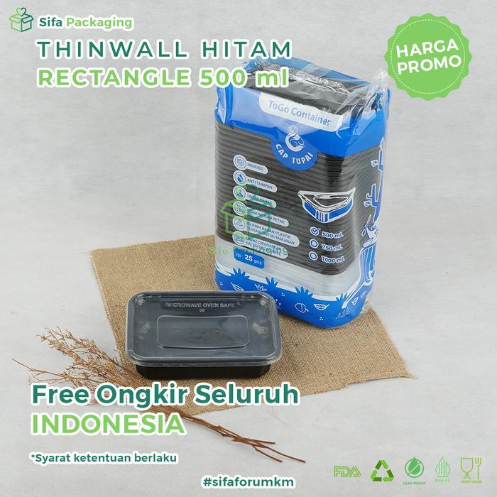 Ready Thinwall Persegi Panjang Hitam + Tutup 500Ml Persegi Kotak Makanan Wadah Plastik Thinwall
