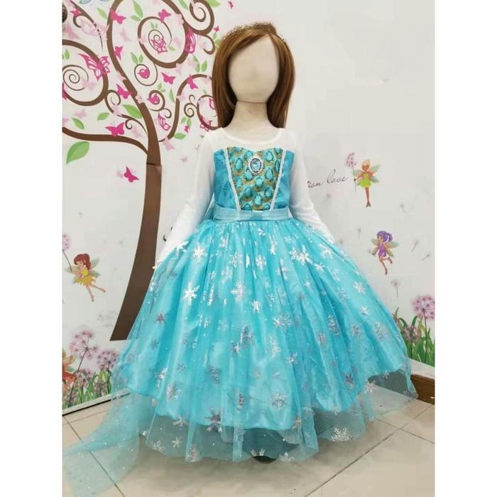 Dress Kostum Frozen Elsa 25 Baju Anak Dada Glitter Biru Tangan Putih