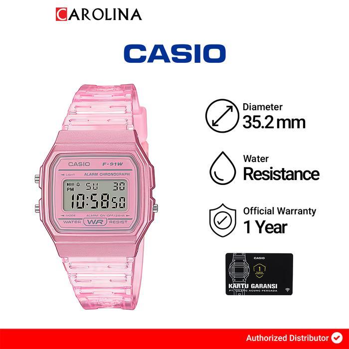 Jam Tangan Wanita Casio General F-91WS-4D Digital Dial Light Pink Clear Rubber Band Quartz Watch