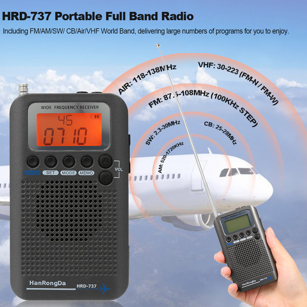 HRD-737 Portable Full Band Radio Aircraft Band Receiver FM/AM/SW/ CB/Air/VHF World Band with LCD