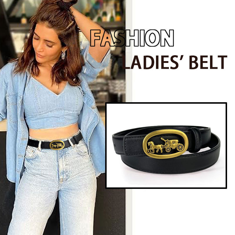 Women's Carriage Motif Slim Belt, Niche Designer PU Belt with Vintage Coach, Multi-Color Options for