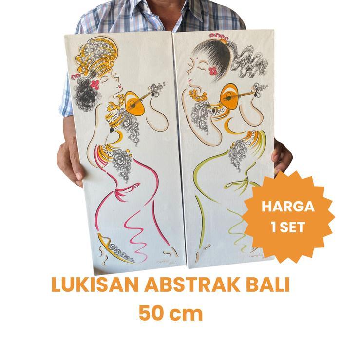 Lukisan Abstrak Pasangan Bermain Akat Musik - Lukisan Bali Bermain suling - Lukisan Pasangan Bali -