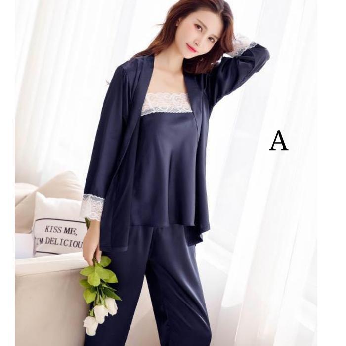 Baju Tidur Piyama Tanktop Panjang Kimono Silk Satin Polos 116