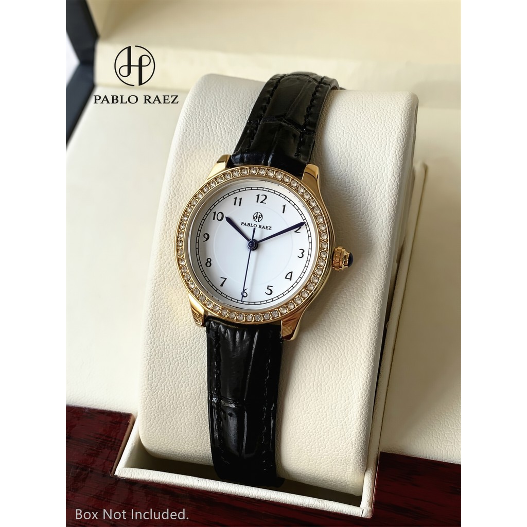 PABLO RAEZ Luxury Women's Watch Leather Strap Round Digital Dial Diamond bezel Waterproof Quartz