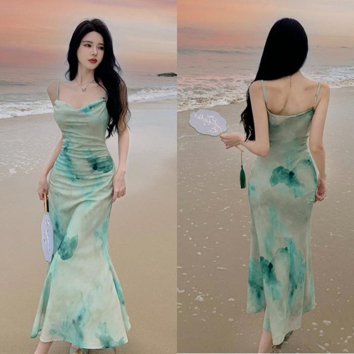 DresQuu- (7848) Merah Floral Dress Panjang Summer Korean Style Dress Motif Bunga Pantai Sexy