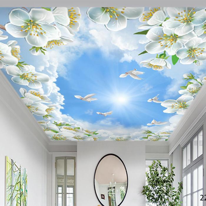 Wallpaper 3D Custom Plafon Ornamen Bunga Burung Awan Biru 22PLF-004 ( Harga Per Meter Persegi )