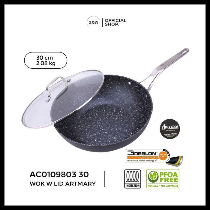 X&W Amercook Wok Pan Artmary with Glass Lid 30cm Wajan Tutup Kaca Anti Lengket