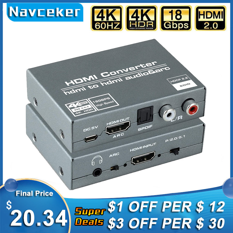 Navceker HDMI 2.0 Audio Extractor HDMI to RCA 4K 60Hz YUV4:4:4 HDR HDMI Audio Converter Adapter 4K