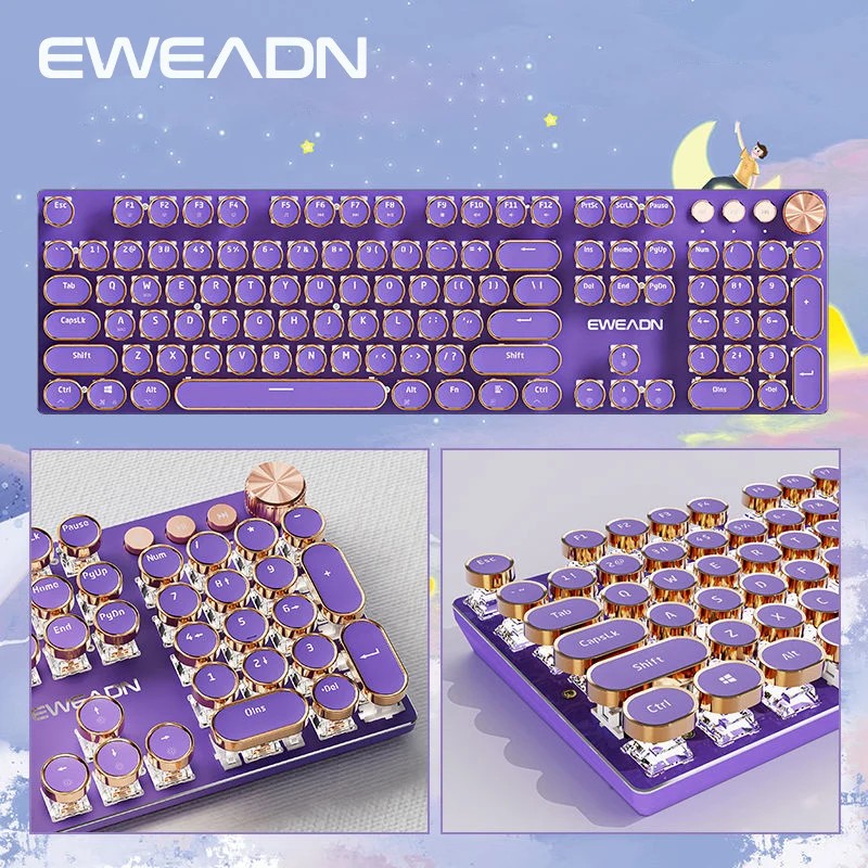 EWEADN V20 Mechanical Keyboard Wired Cute 104 Keys Round Keycaps Gaming Keyboard Retro Punk White