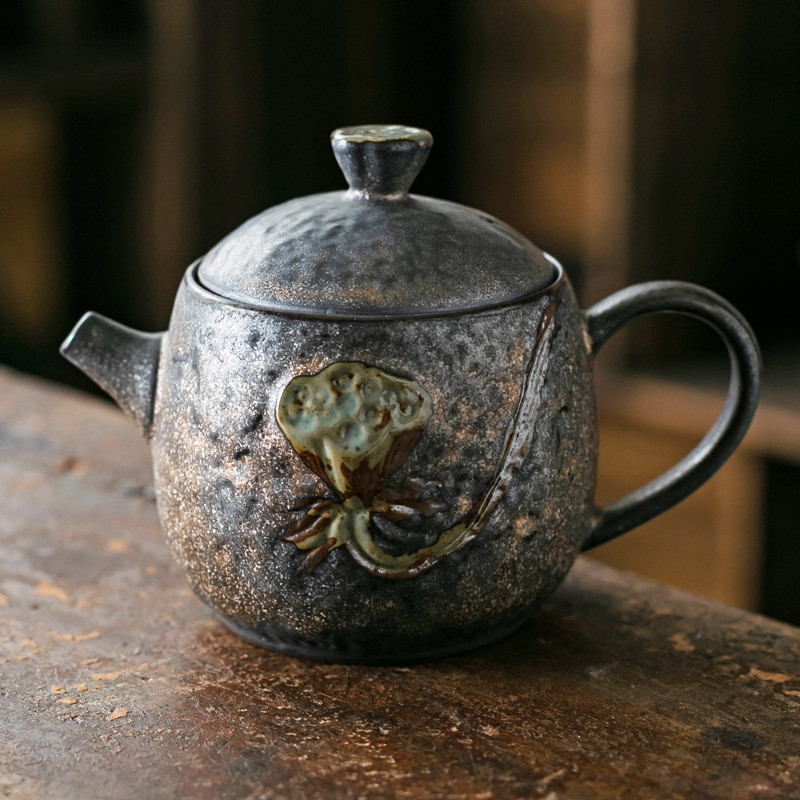 Teko Keramik Tiongkok Retro - Teko Teh Keramik Kasar Berlapis Emas dengan Saringan, Set Perlengkapan