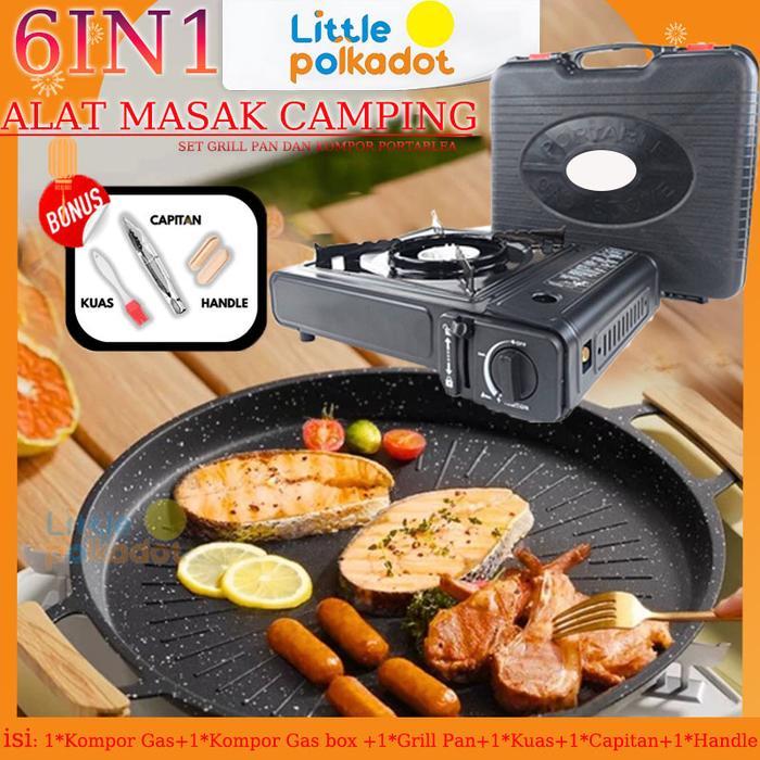 LittlepolkadotSet Grill Pan Dan Kompor Portablea Alat Panggangan Grill Pan BBQ Korean Wajan BBQ