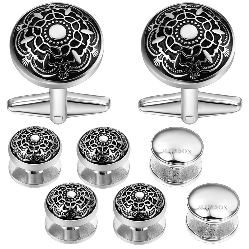 HAWSON Tuxedo Shirt Cufflink Studs Retro Flower Engraved&Black Enamel- Best Wedding Busines