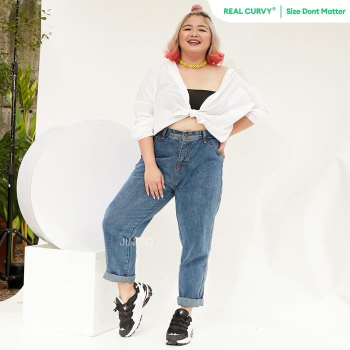 JINISO REAL CURVY - 1305 Jumbo Boyfriend Highwaist Celana Jeans Wanita Warna Ocean Blue