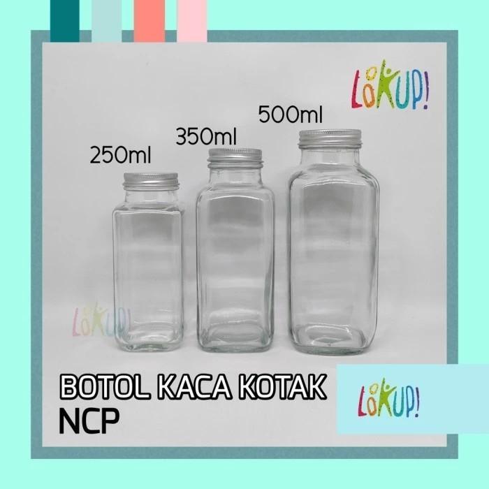 BOTOL KACA SEGI KOTAK 500ML TUTUP STAINLESS ALUMINIUM 500ML MINUMAN SUSU JUS