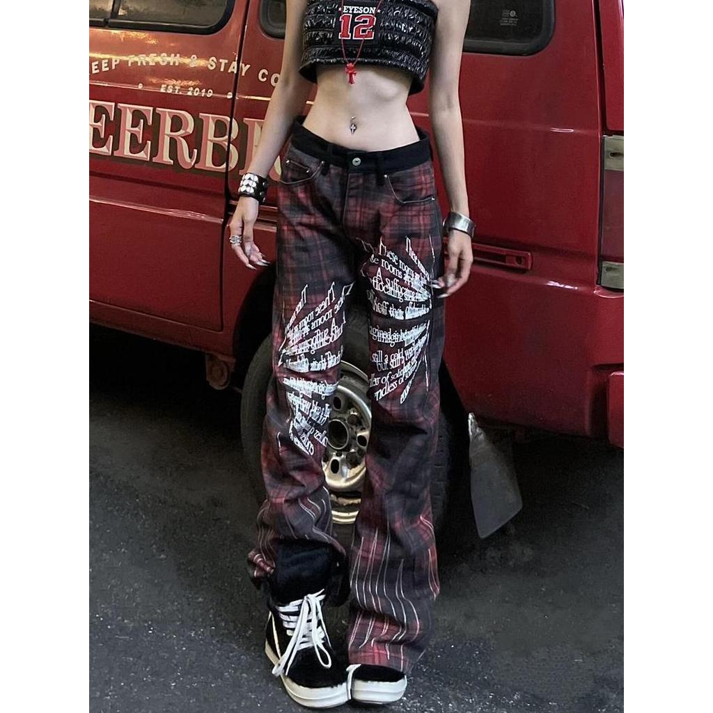 Women Streetwear Jeans Checkered Goth Cyber Punk Abi Y2k Japanese Dark Academia Bootcut Jean