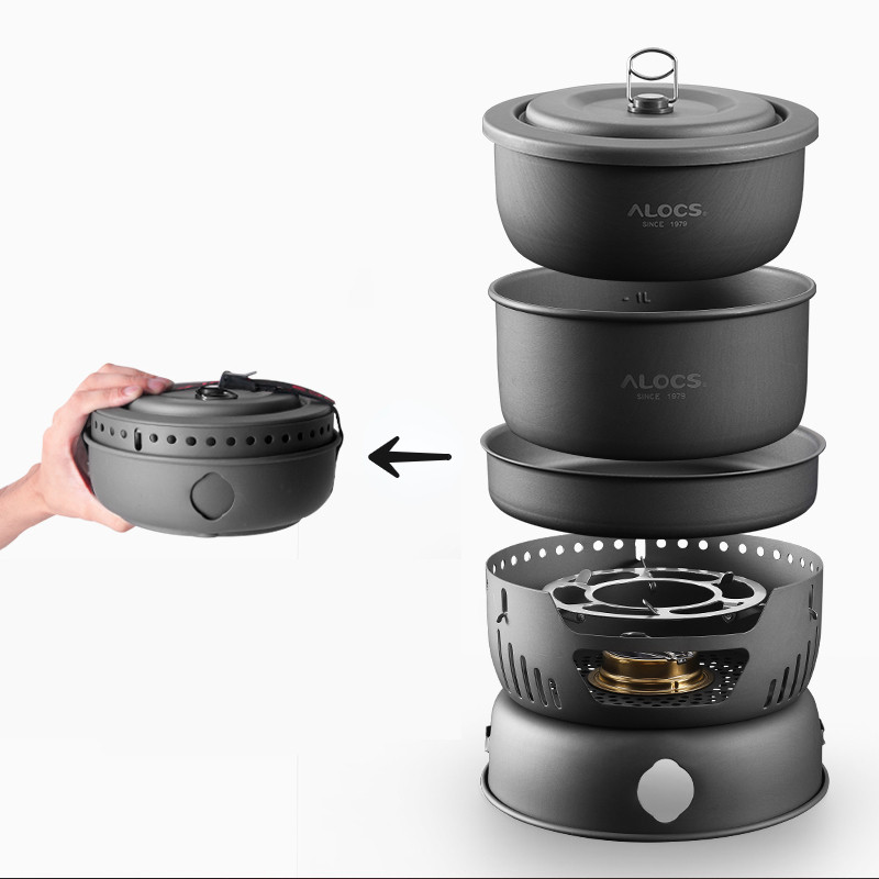 . Alocs Camping Alcohol Stove Cooking Set Outdoor Cookware With Gripper -