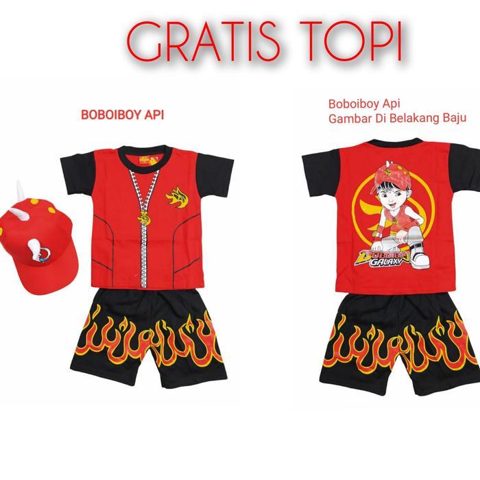 kostum baju anak boboiboy free topi / baju anak boboiboy api halilintar orange daun galaxy jeans