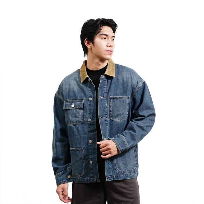 Folx Corduroy Collar Washed Denim Jacket