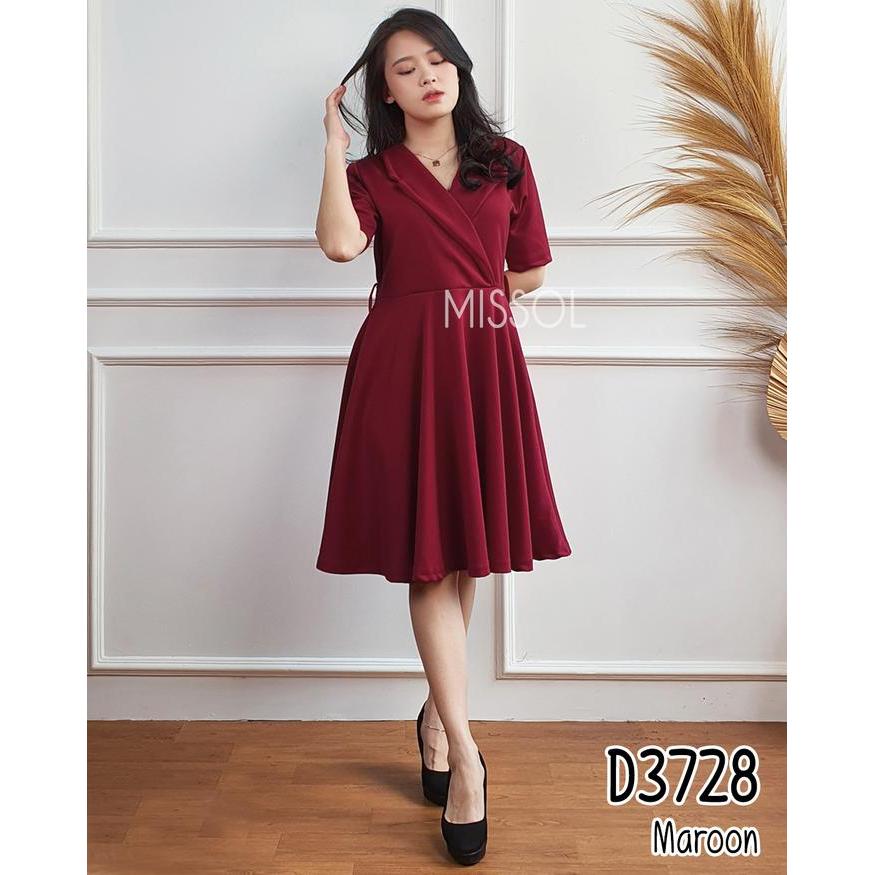 DresQuu- Missol Dress Scuba Midi Dress Pesta Polos Flare Dress Lengan Pendek Polos Kate 3728