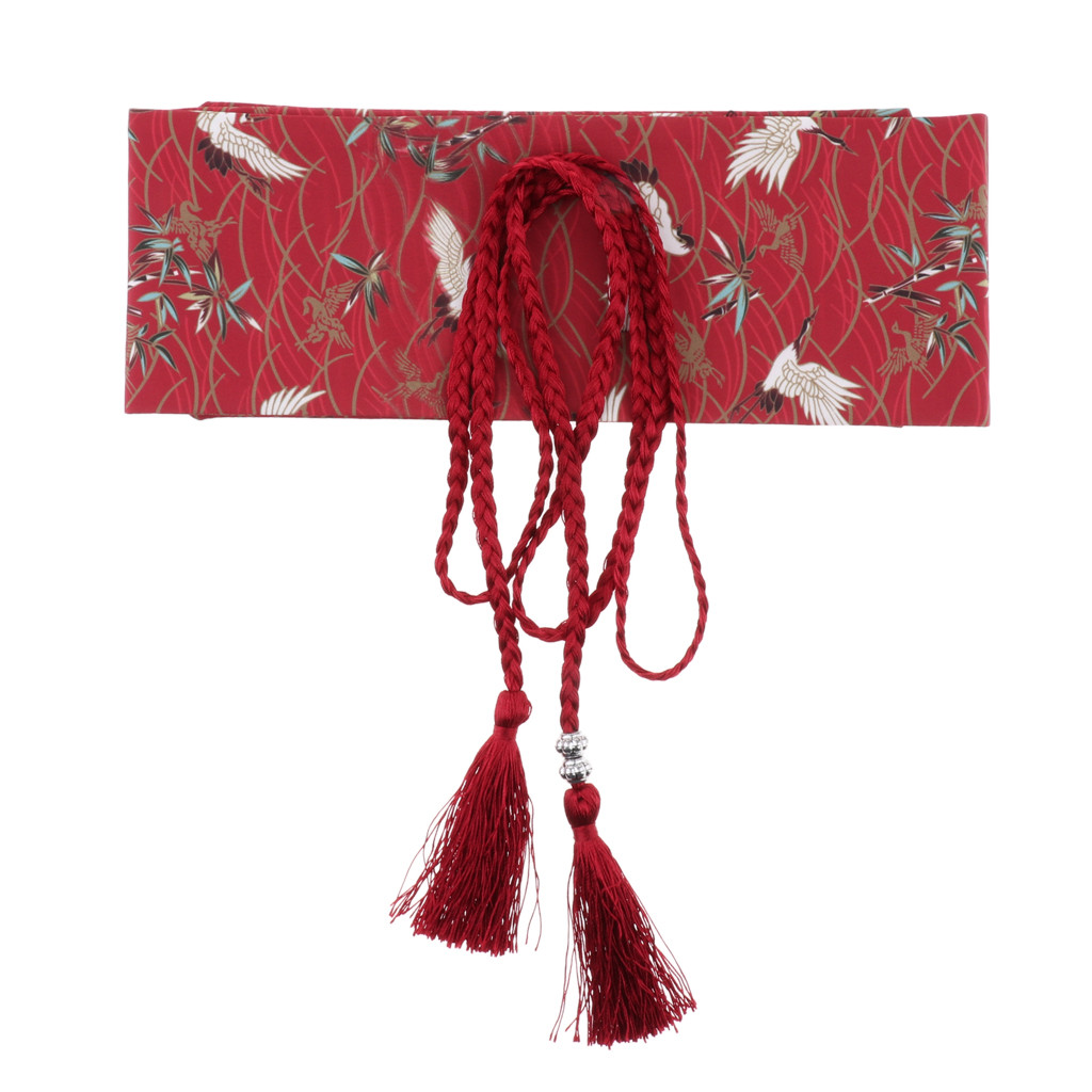 Women Obi Belt Kimono Yukata Wide Band Lace Up Waistband Red-Crowned Crane