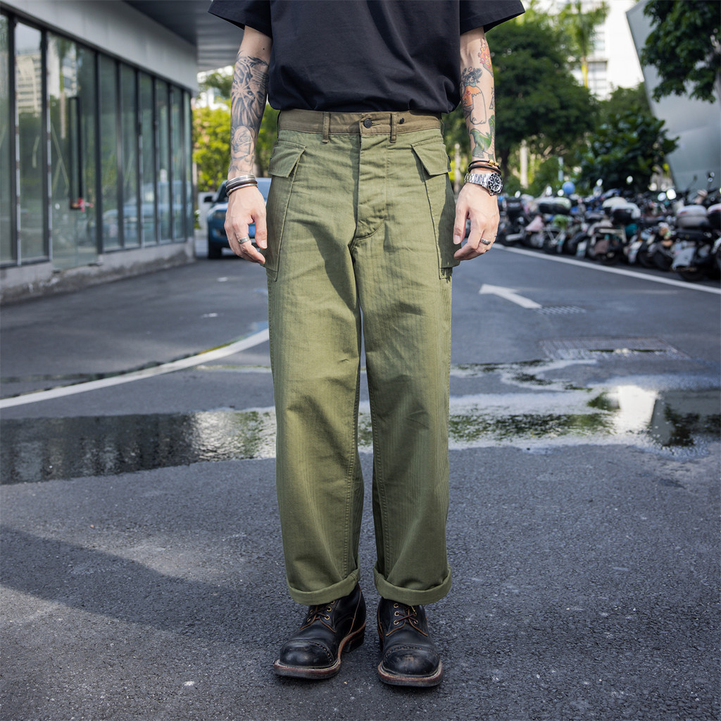 Red Tornado Army M-43 HBT Utility Pants 1940s Vintage Herringbone Twill Fatigue Cargo Trousers