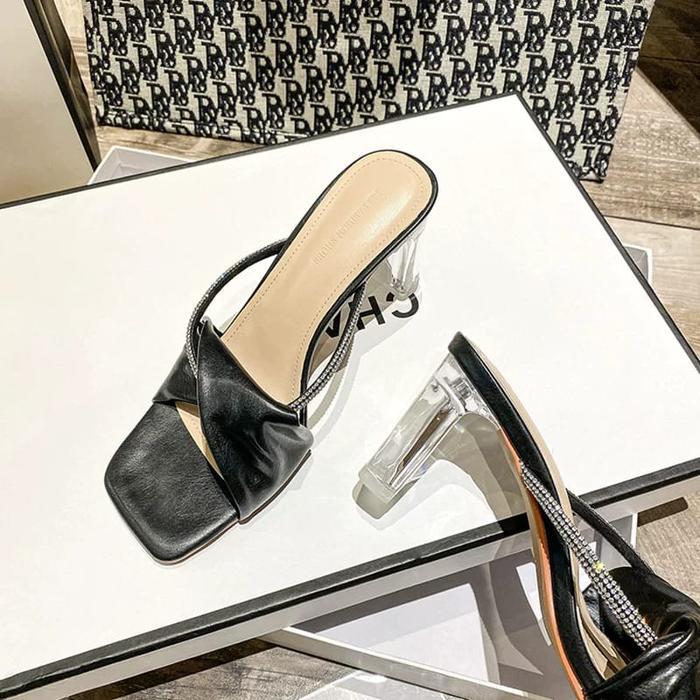 - Sandal Heels Noelle Wanita Hak Tahu Kaca 7 cm Model Tali Silang Payet Slip On Sandal Kondangan