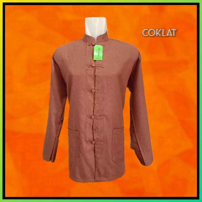 Baju Tradisional Cina Kemeja Cheongsam Pria Lengan Panjang Coklat