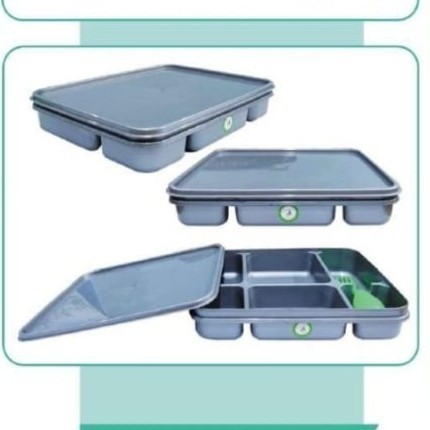 Ompreng Silver Elegan Sekat 6 + Sendok 3In1 Cuttlery Lunch Box Kotak Makan Nasi Sayur Lauk Ompreng